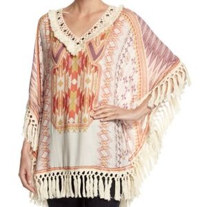 Hiche Printed Tassel-Trim Poncho, Santa Fe Print